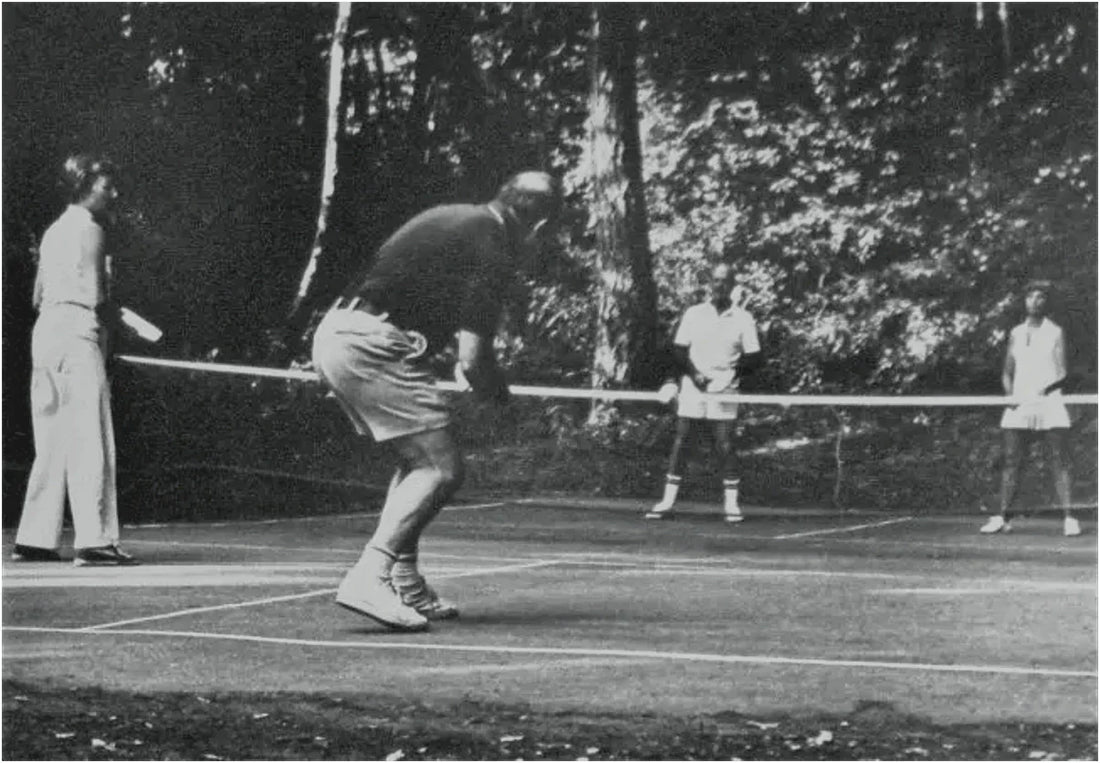 Original photo of the first pickleball court ever built at Joel Pritchaird's Bainbridge, WA home in 1967