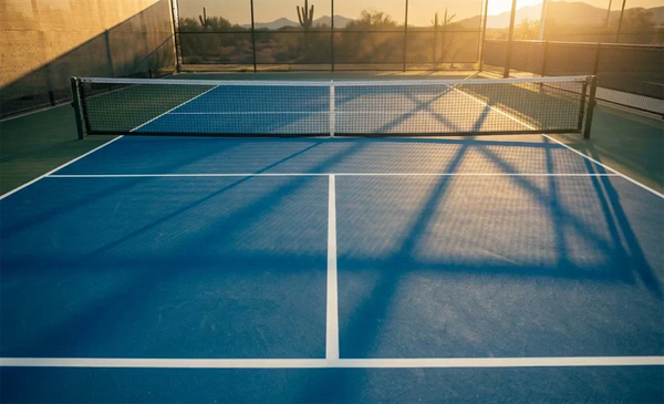 Overhead shot of an outdoor pickleball court, with sunshine and saguaro cacti in the backdrop.