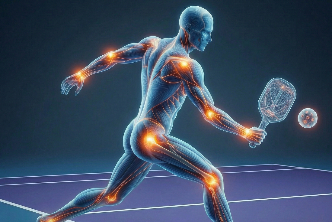 Illustration of a pickleball player with highlighted muscles on a pickleball court.