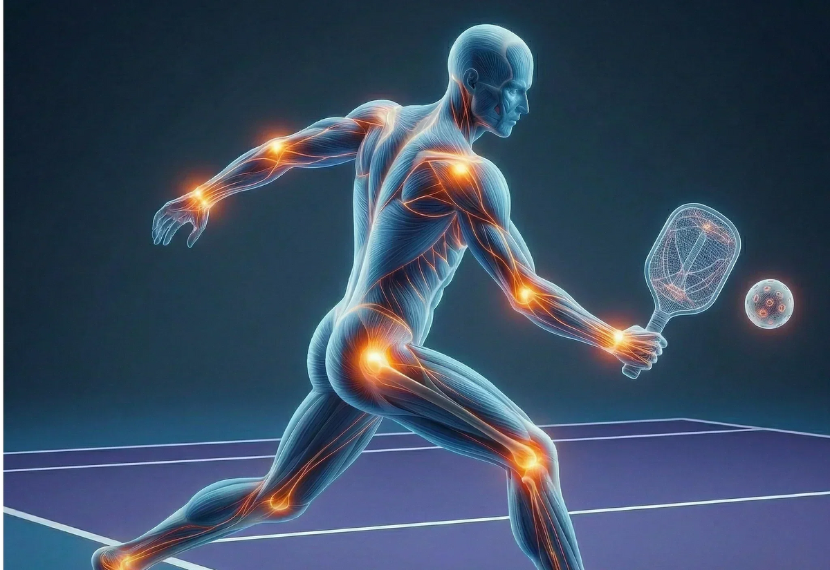 Anatomical illustration of a pickleball player in motion with glowing joint stress points highlighted