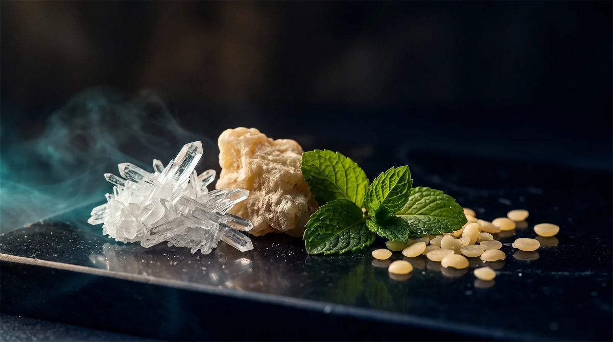 Menthol crystals, a piece of camphor, and fresh mint leaves on a dark navy surface, illustrating the key ingredients behind a cooling recovery balm.