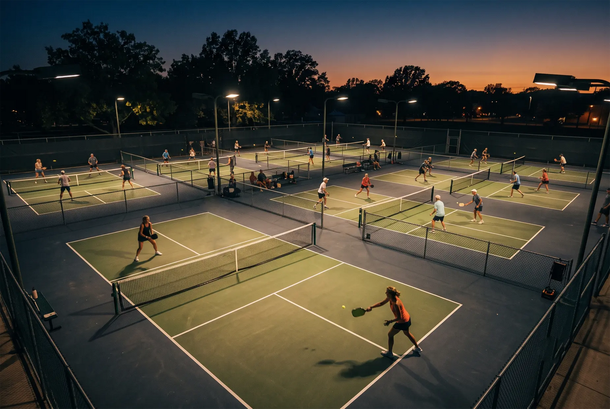 Multiple outdoor pickleball courts lit at night with players in active play at a busy recreational complex.