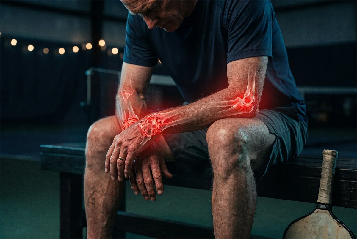 Senior pickleball player with arthritis inflammation in wrist and elbow joints