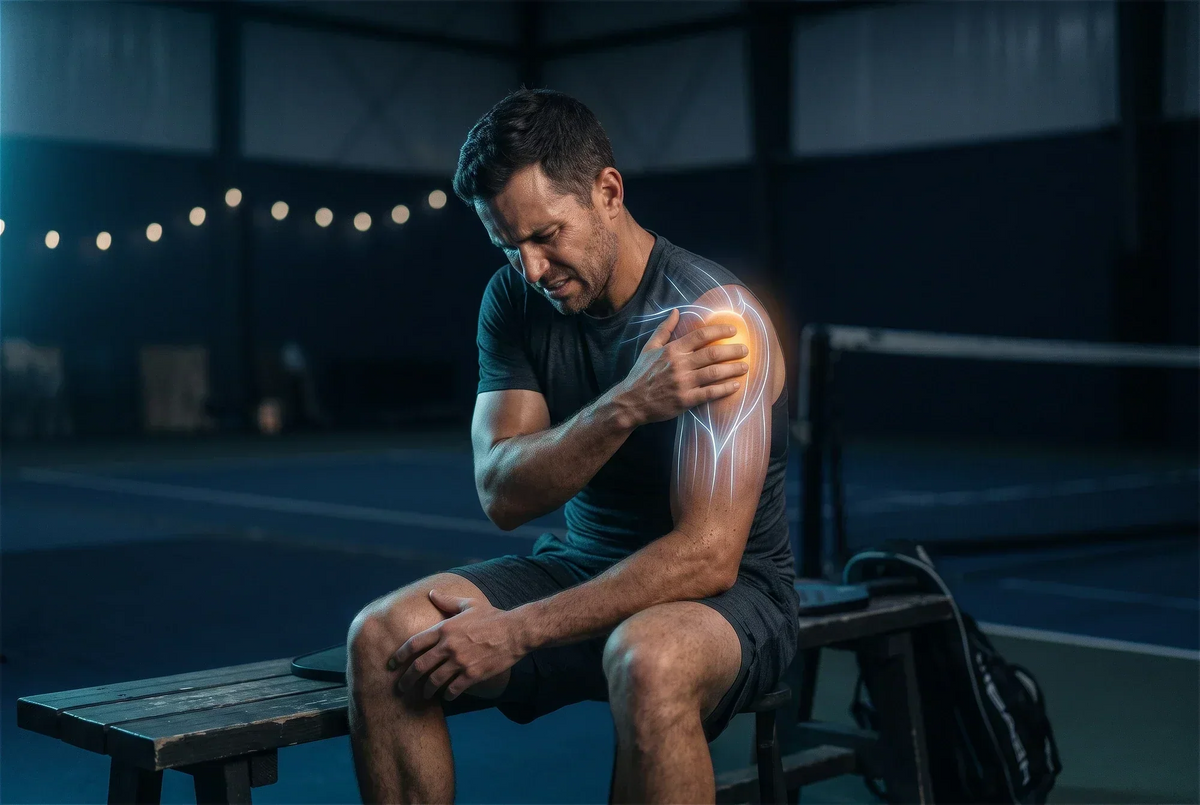 Pickleball player sidelined with shoulder pain, sitting out a match