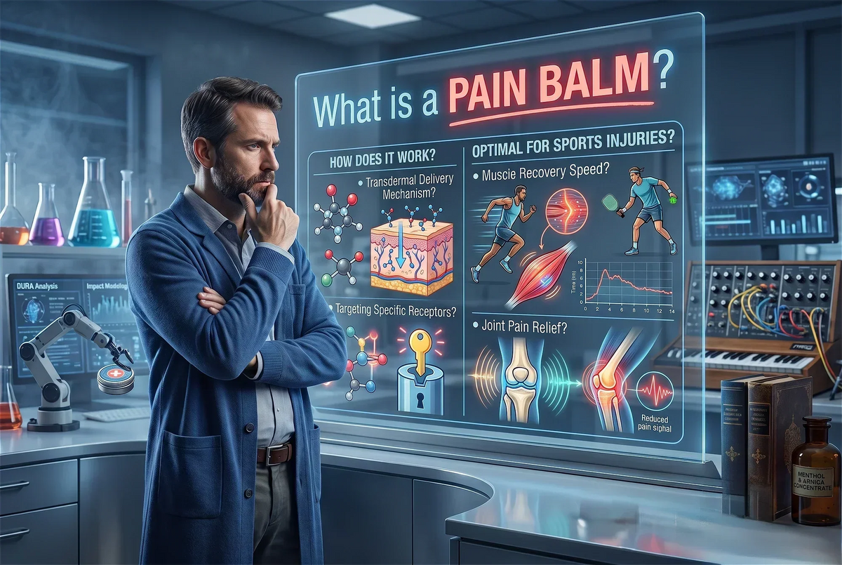 A man in a blue lab coat stands in a futuristic laboratory, looking at a large holographic display titled 'What is a PAIN BALM?' showing medical and sports injury concepts.
