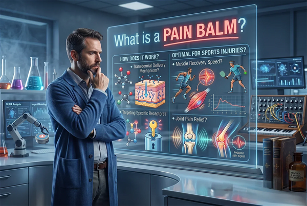 A man in a blue lab coat stands in a futuristic laboratory, looking at a large holographic display titled 'What is a PAIN BALM?' showing medical and sports injury concepts.