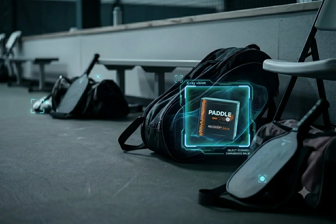 Gym bags and pickleball paddles on the floor in a gym, with an x-ray scan spotting Paddle Pro Organic Recovery Balm inside one of the bags.