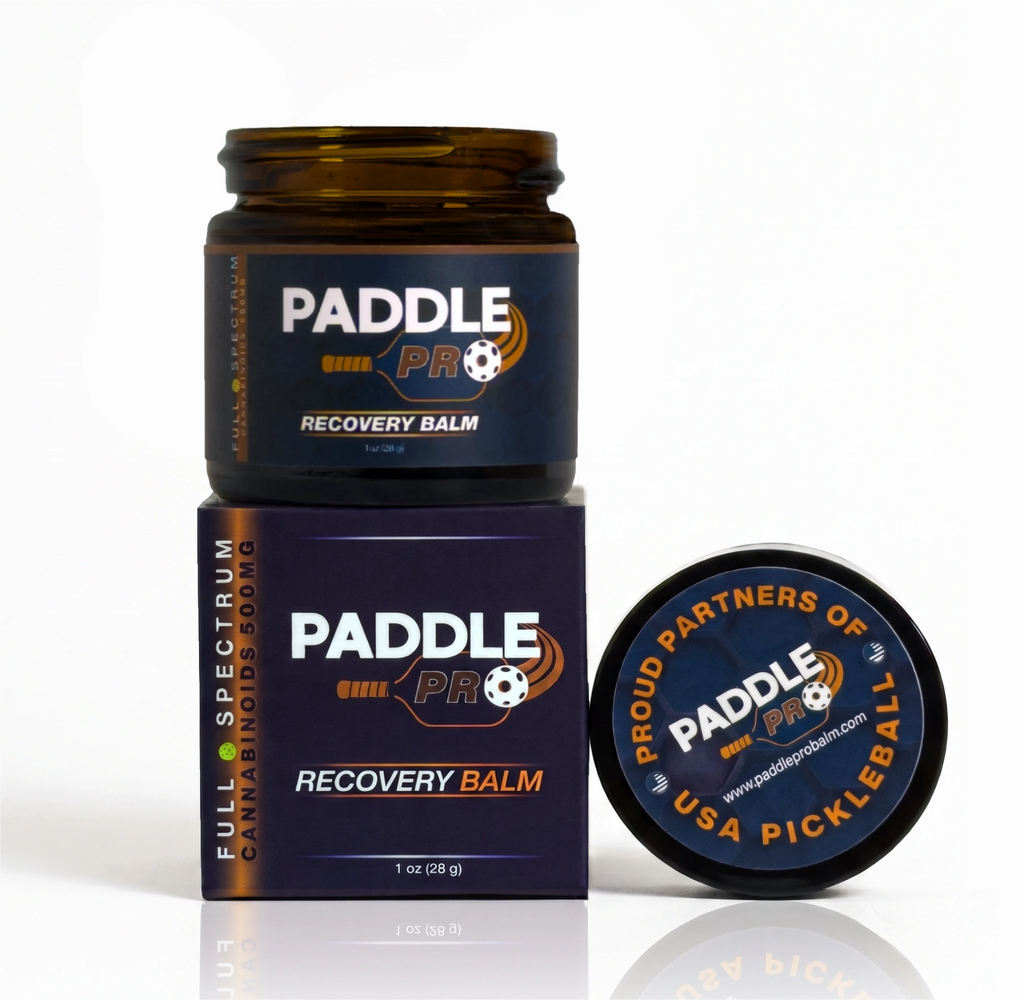 Paddle Pro Recovery Balm jar stacked on top of branded product box with lid displayed to the side.